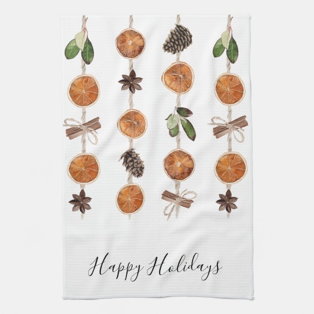 Happy Holidays Citrus Garland Kitchen Tea Towel (Vertical)