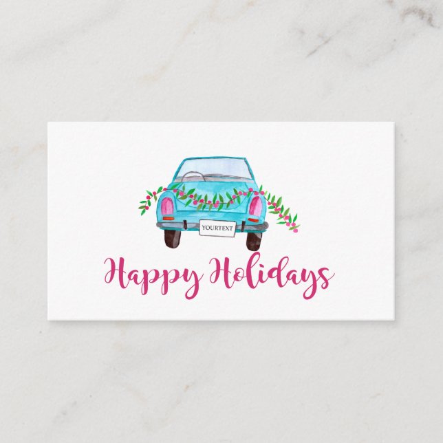 Happy Holidays Classic Car Watercolor Enclosure Card (Front)