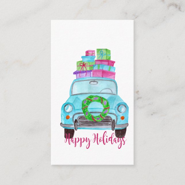Happy Holidays Classic Car Watercolor Enclosure Card (Front)