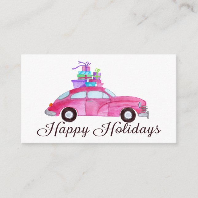 Happy Holidays Classic Car Watercolor Enclosure Card (Front)