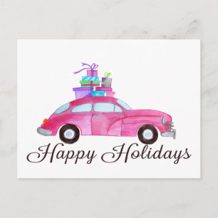 Happy Holidays Classic Car Watercolor Postcard