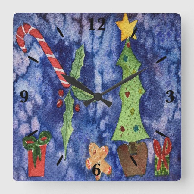 Happy Holidays Classic Christmas Icons Watercolor Square Wall Clock (Front)