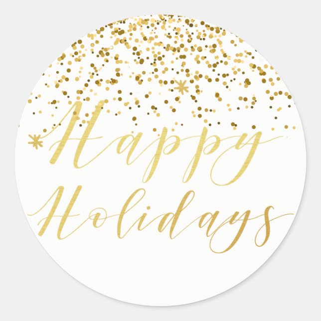 Happy Holidays Classic Typography & Gold Glitter Round Sticker (Front)