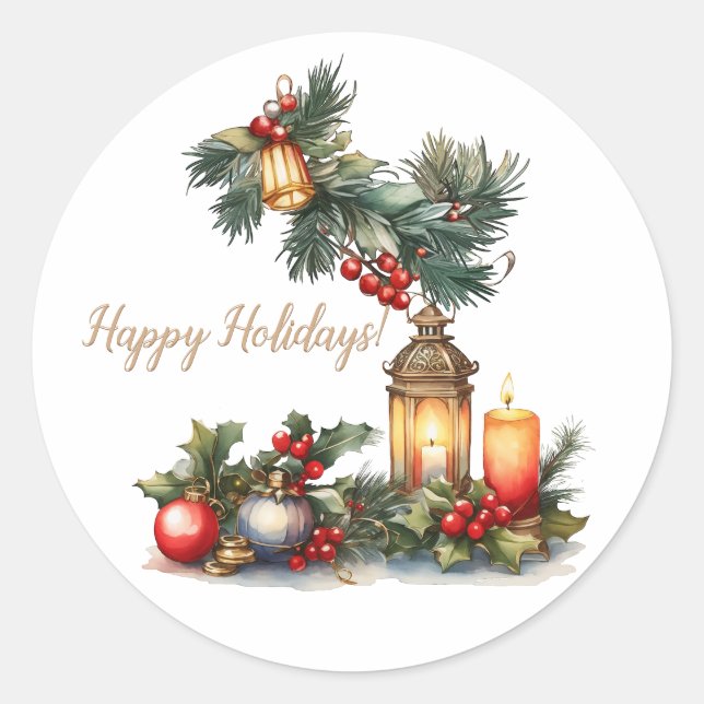 Happy Holidays Classic Vintage Classic Round Sticker (Front)
