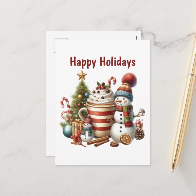 Happy Holidays coffee snowman  Holiday Postcard (Front/Back In Situ)