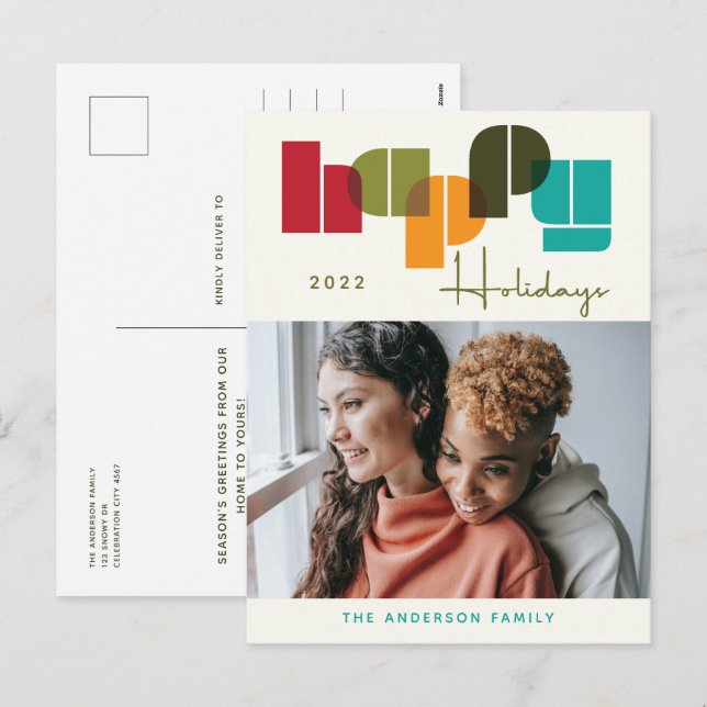 Happy Holidays Colourful Bold Typography Photo Holiday Postcard (Front/Back)