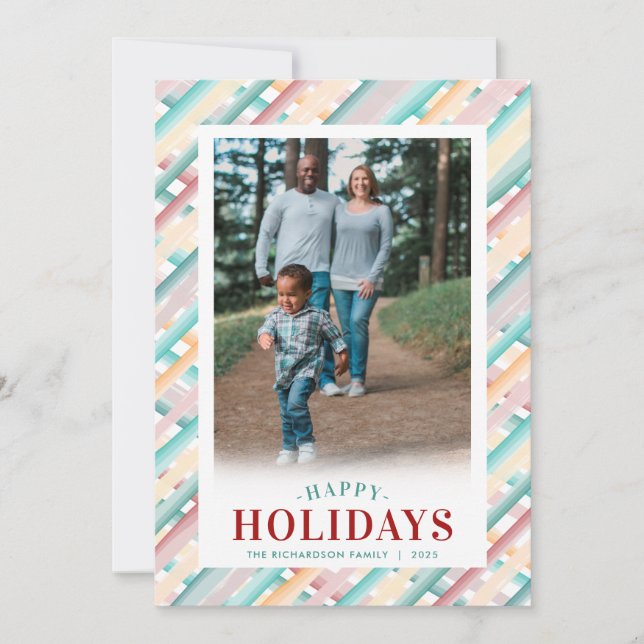 Happy Holidays Colourful Diagonal Stripes Photo Holiday Card (Front)