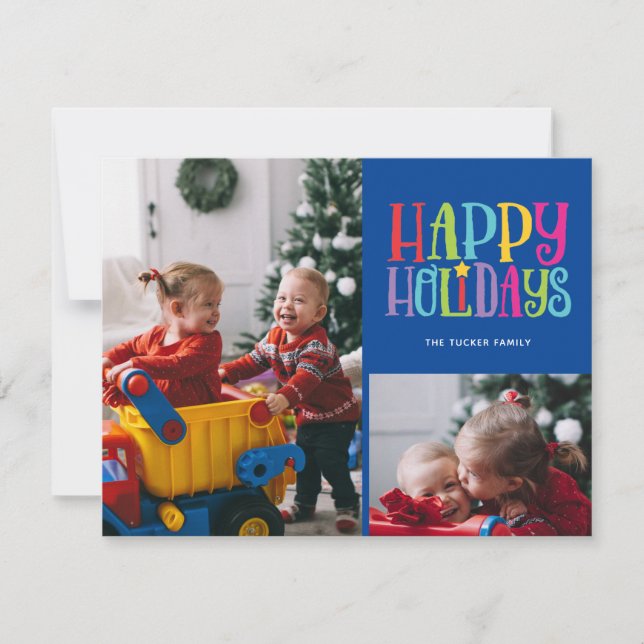Happy Holidays Colourful Family Kids 2 Photo Holiday Card (Front)