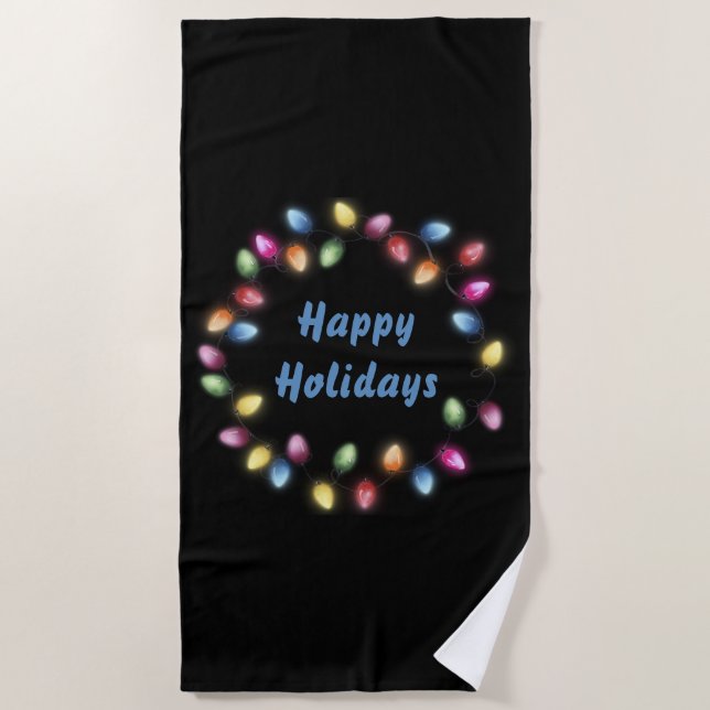 Happy Holidays Colourful & Festive Christmas Light Beach Towel (Front)