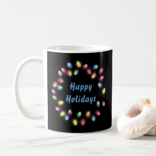 Happy Holidays Colourful & Festive Christmas Light Coffee Mug (With Donut)