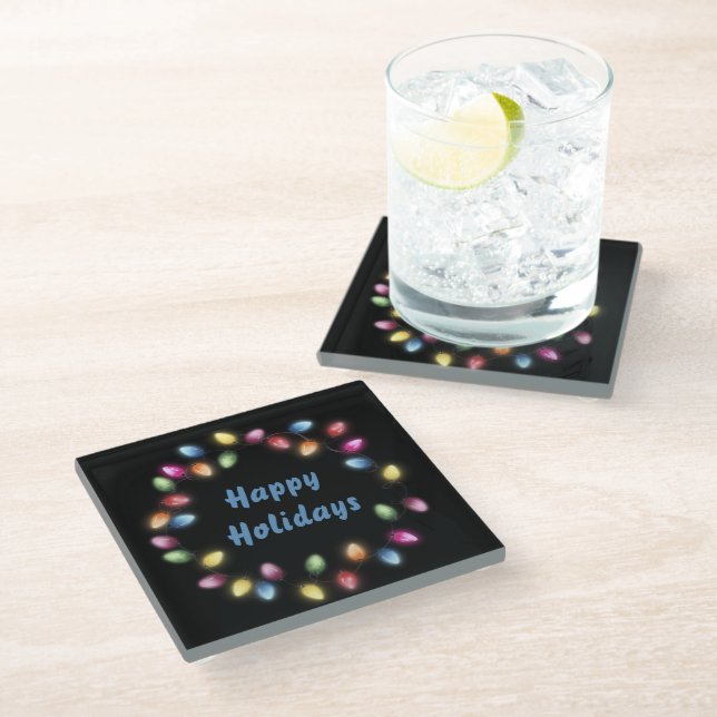 Happy Holidays Colourful & Festive Christmas Light Glass Coaster (Angled)