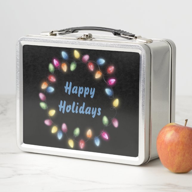 Happy Holidays Colourful & Festive Christmas Light Metal Lunch Box (In Situ)