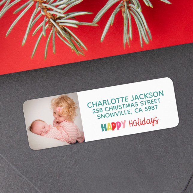 Happy Holidays colourful photo return address (Creator Uploaded)