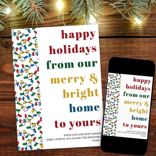 Happy Holidays Colourful Typography String Lights Holiday Card (Merry & Bright Christmas Card. Buy professionally printed or as a printable digital download.)
