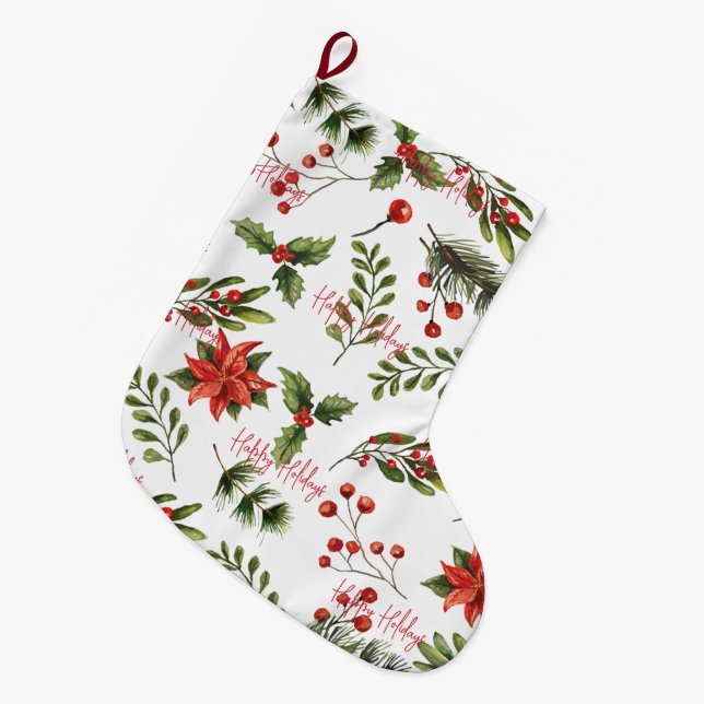 Happy Holidays Company Employees Botanical Large Christmas Stocking (Front (Hanging))