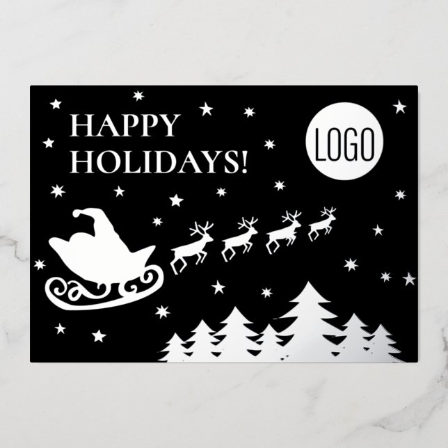 Happy Holidays Company Logo Santa sleigh  Foil Holiday Card (Front)