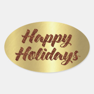 Happy Holidays Copper Glitter on Gold Oval Sticker