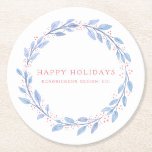 HAPPY HOLIDAYS Corporate Business Watercolor Round Paper Coaster