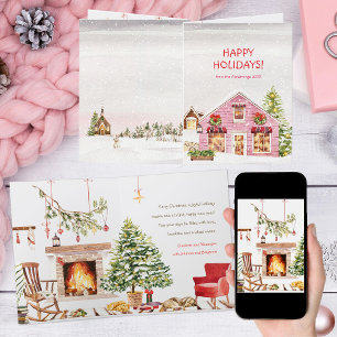 Happy Holidays Cosy Watercolor Christmas Scene Holiday Card