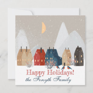 Happy Holidays Country Primitive Village Winter Holiday Card