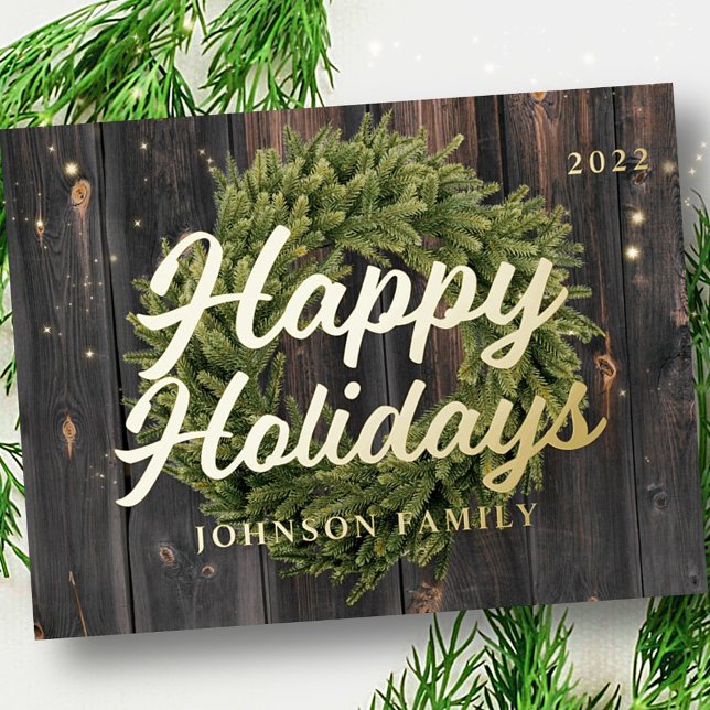 Happy Holidays Country Rustic Pine Wreath Wood Foil Holiday Postcard (Creator Uploaded)
