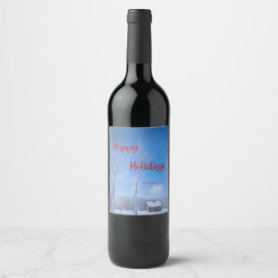Happy Holidays Country Snowy Cabin Festive Wine Label
