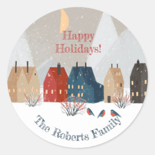 Happy Holidays Country Village Winter Scene Classic Round Sticker