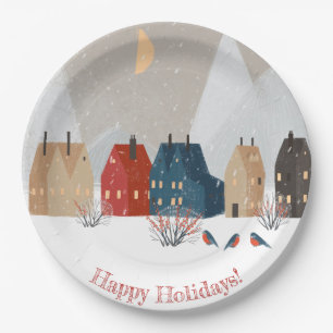 Happy Holidays Country Village Winter Scene   Paper Plate
