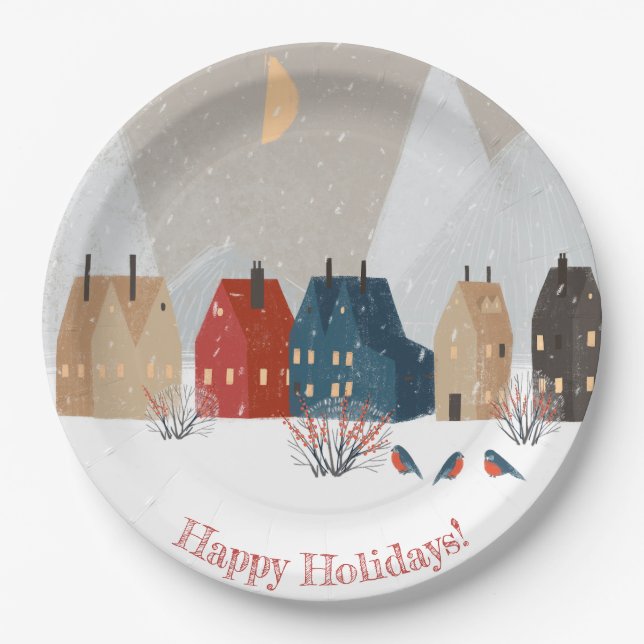 Happy Holidays Country Village Winter Scene   Paper Plate (Front)