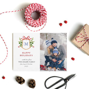 Happy Holidays crest with greenery Monogram photo Holiday Card