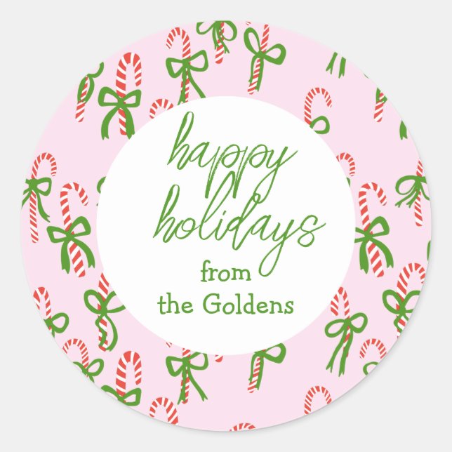 HAPPY HOLIDAYS Custom Candy Canes Xmas Pink Classic Round Sticker (Front)