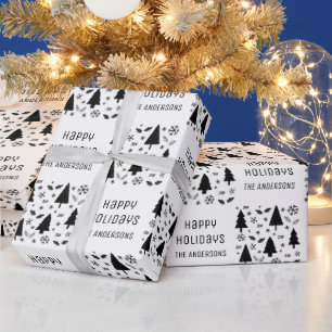 Happy Holidays Custom Name Christmas Black White Wrapping Paper