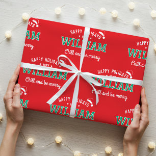 Happy Holidays Custom Name Christmas Red Green Wrapping Paper