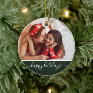 Happy Holidays Custom Photo Modern Green Monogram Ceramic Tree Decoration
