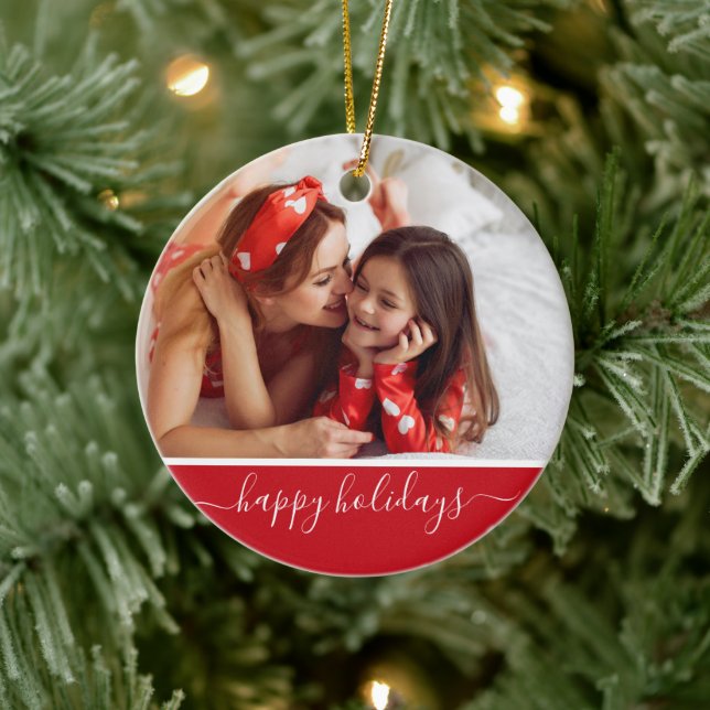 Happy Holidays Custom Photo Modern Red Monogram Ceramic Tree Decoration (Tree)