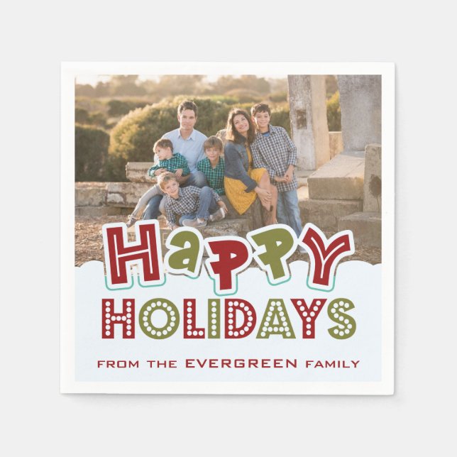 Happy Holidays custom photo & name paper napkins (Front)