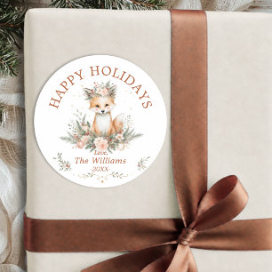 "Happy Holidays!" Custom Woodland Fox Christmas Classic Round Sticker