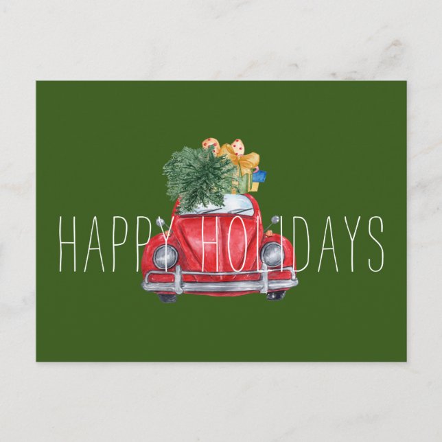 Happy Holidays Customizable Red Car Holiday Postcard (Front)