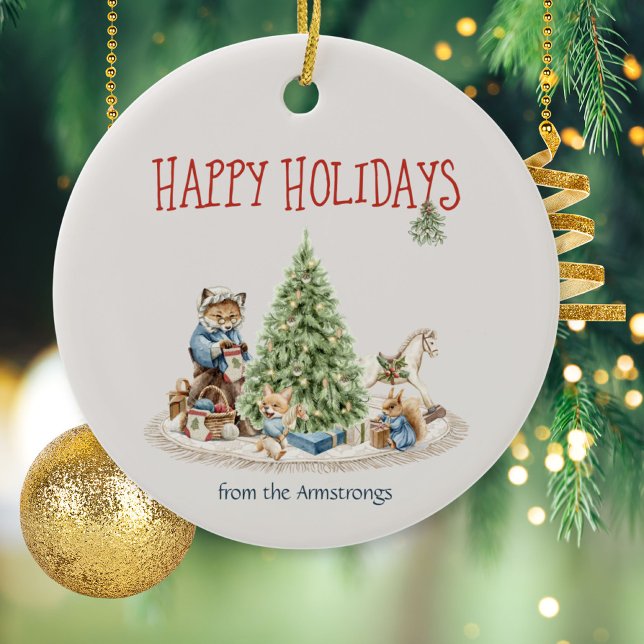 Happy Holidays Cute Animals Woodland Vintage Ceramic Tree Decoration (Happy Holidays Cute Animals Woodland Vintage Ceramic Ornament ©Susanne Sachers - Sunny Mind 🌞)
