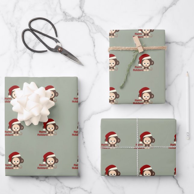 Happy Holidays!Cute Baby Monkey Wrapping Paper Sheet (Front)