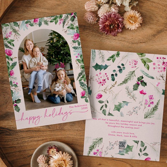 Happy Holidays Cute Blush Pink Greenery Arch Photo Holiday Card (Creator Uploaded)
