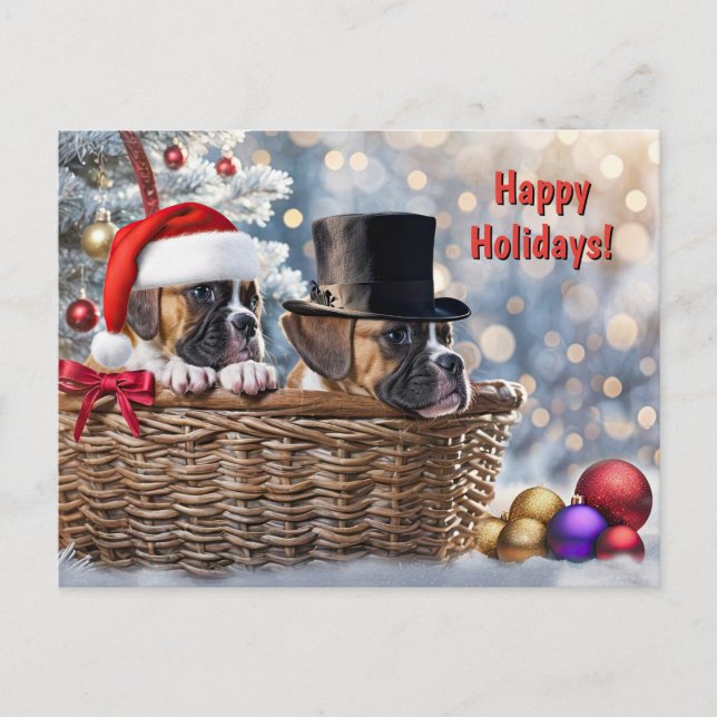 Happy Holidays Cute Boxer Puppy Dogs Holiday Postcard (Front)