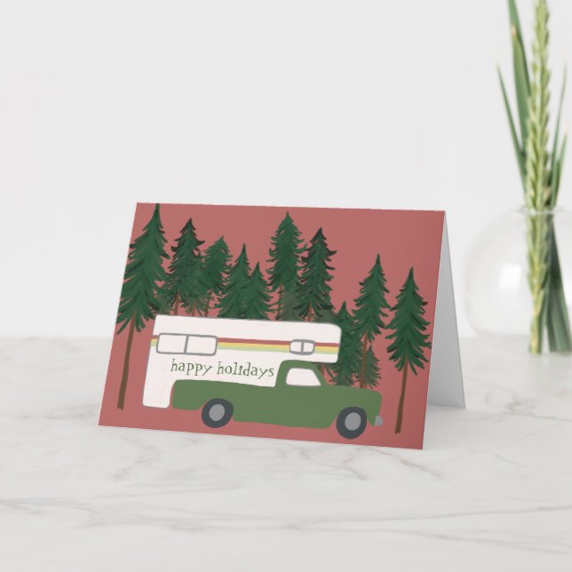 HAPPY HOLIDAYS Cute Camper Camping Truck Xmas Card (Front)