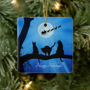 Happy Holidays Cute Cat and Santa Ceramic Ornament