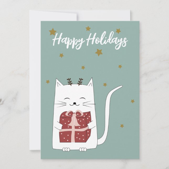 Happy Holidays Cute Cat with Gift  Holiday Card (Front)