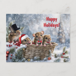 Happy Holidays Cute Christmas Mouse in a Basket Holiday Postcard