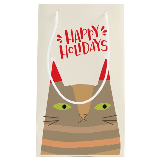 Happy Holidays - Cute Christmas Santa Cat Cartoon Small Gift Bag (Front)