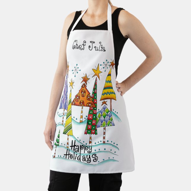 Happy Holidays! Cute Christmas Trees with Stars Apron (Insitu)