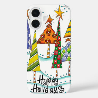 Happy Holidays! Cute Christmas Trees with Stars iPhone 16 Case