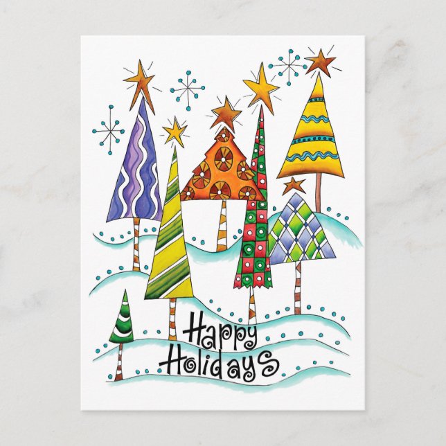 Happy Holidays! Cute Christmas Trees with Stars Holiday Postcard (Front)